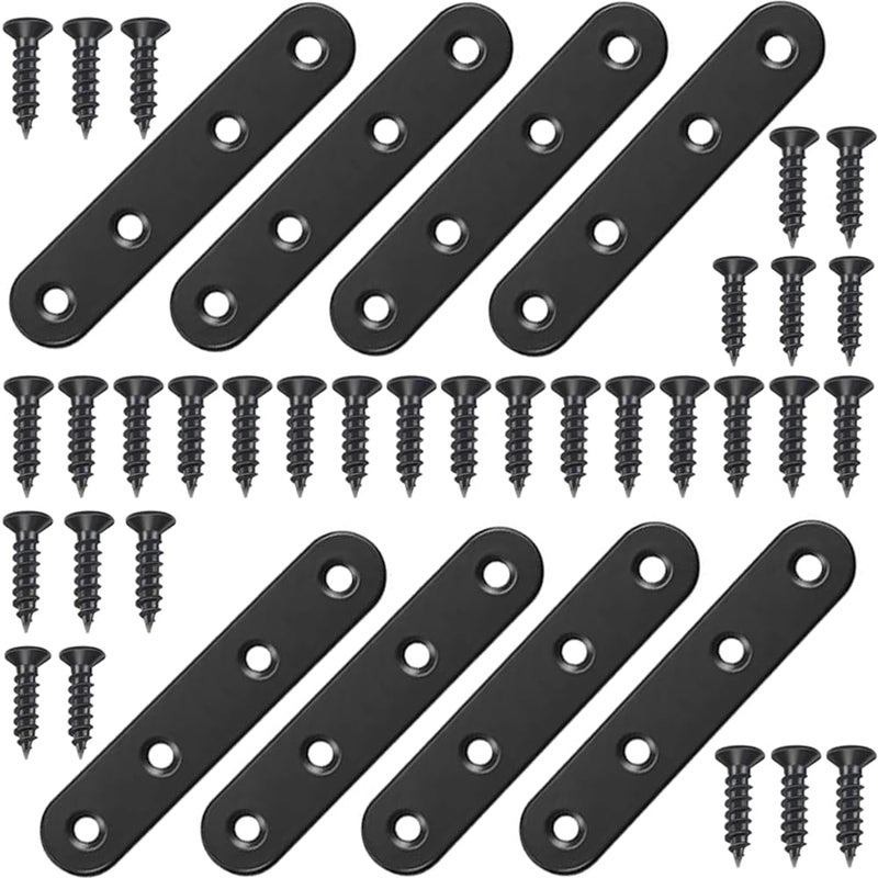 YEWLACA 8Pcs Black Stainless Steel Flat Brace Mending Plates, 3 Inch Sturdy Wood Furniture Repair Brackets with Screws - Image 1